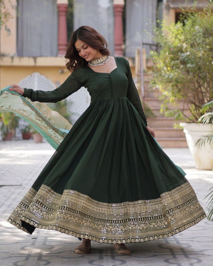 Mehndi Color Vichitra Shimmer Sequence Embroidered Gown