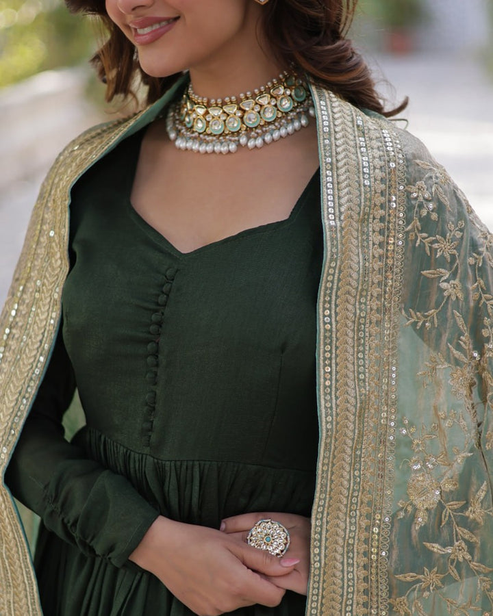 Mehndi Color Vichitra Shimmer Sequence Embroidered Gown