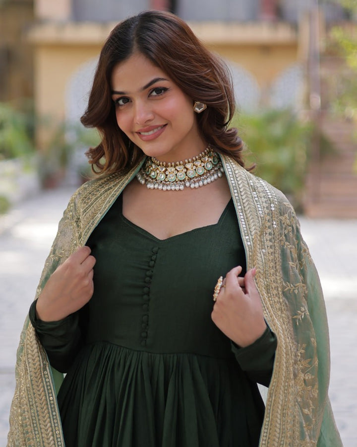 Mehndi Color Vichitra Shimmer Sequence Embroidered Gown