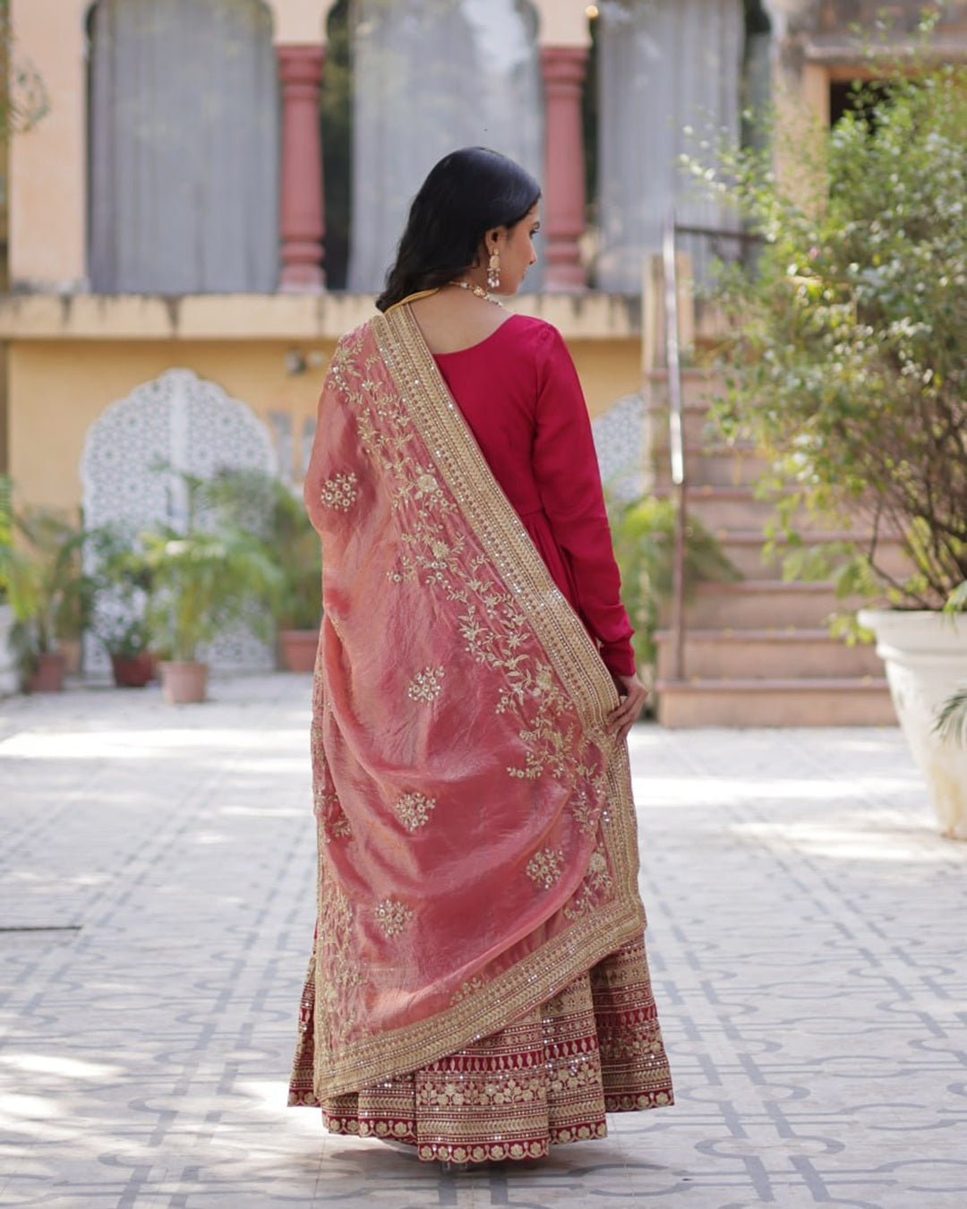 Rani Pink Color Vichitra Shimmer Sequence Embroidered Gown