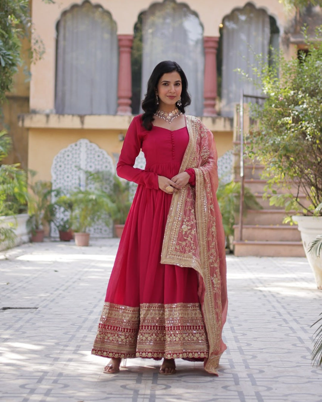 Rani Pink Color Vichitra Shimmer Sequence Embroidered Gown