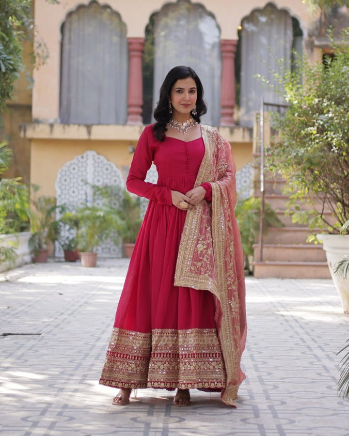 Rani Pink Color Vichitra Shimmer Sequence Embroidered Gown