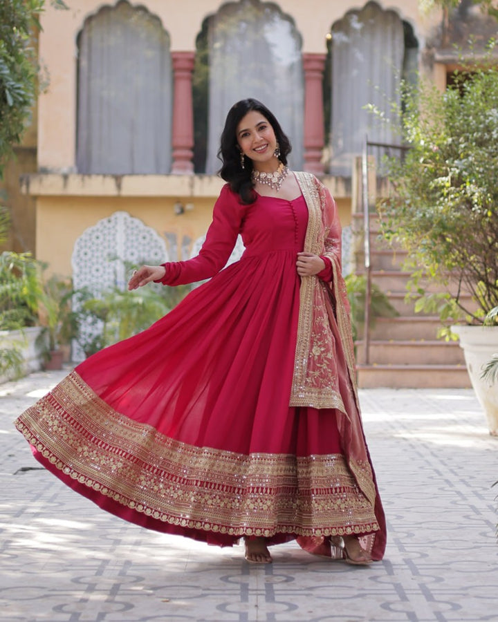 Rani Pink Color Vichitra Shimmer Sequence Embroidered Gown