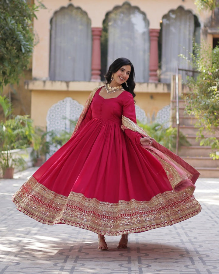 Rani Pink Color Vichitra Shimmer Sequence Embroidered Gown