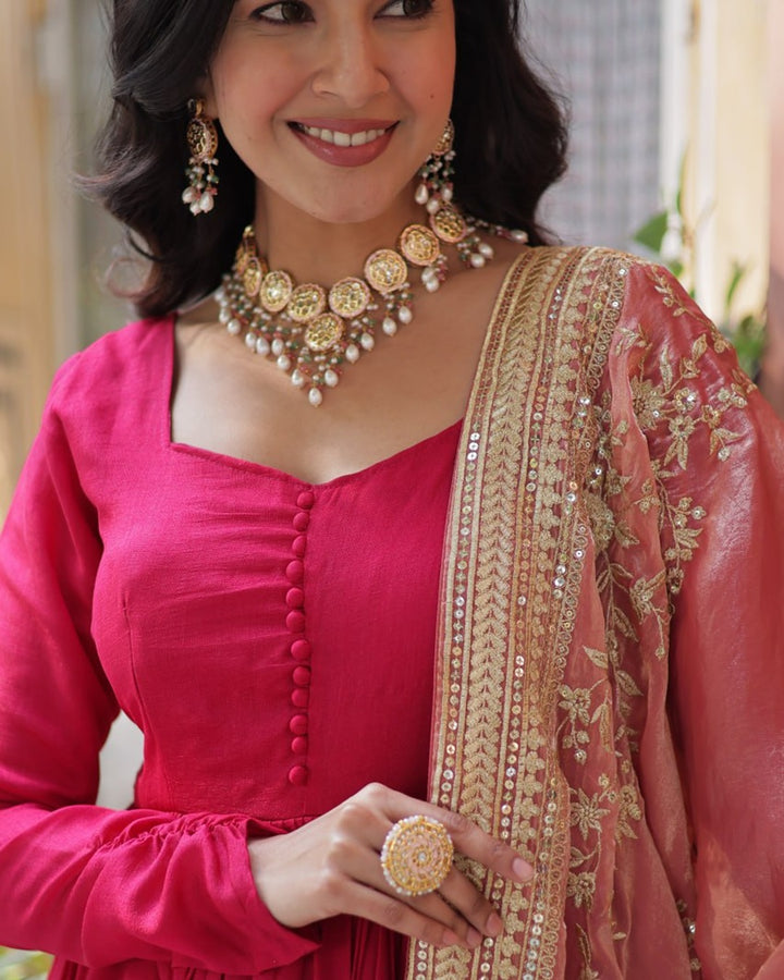 Rani Pink Color Vichitra Shimmer Sequence Embroidered Gown
