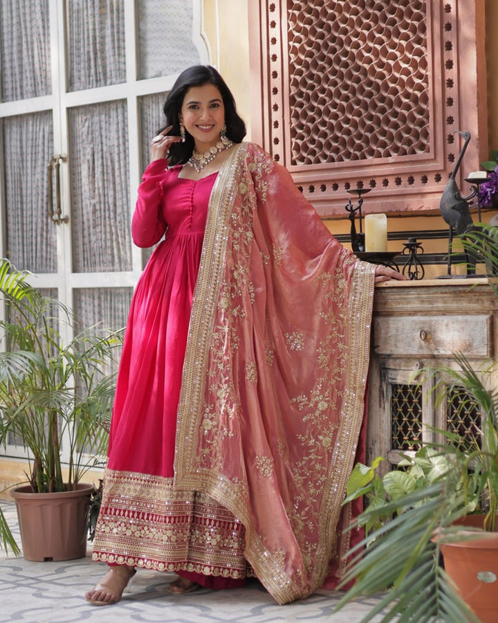 Rani Pink Color Vichitra Shimmer Sequence Embroidered Gown