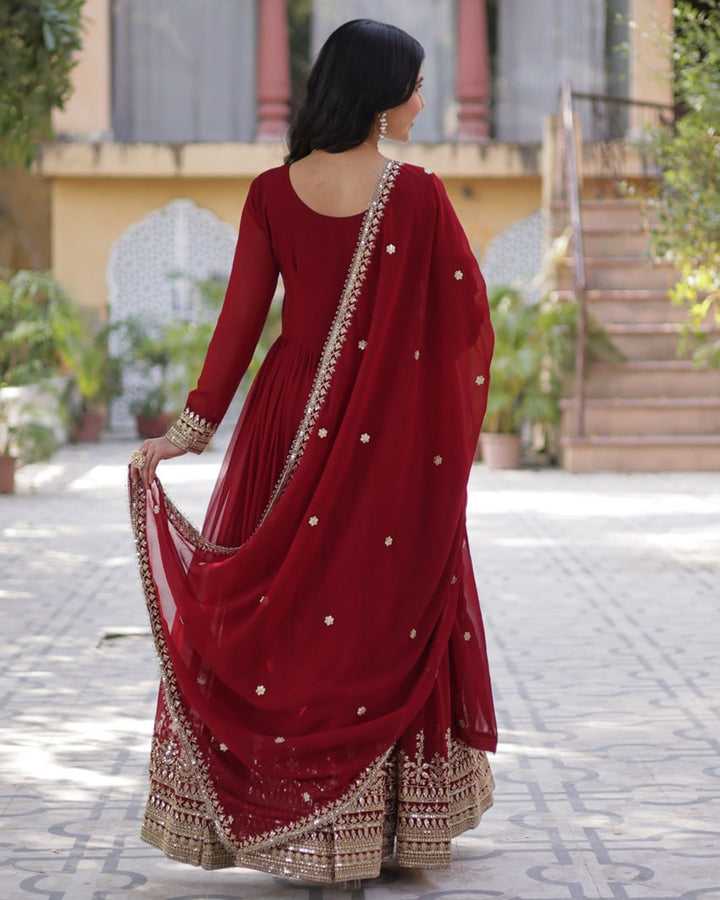 Maroon Elegant Faux Blooming Embroidered Gown with Dupatta