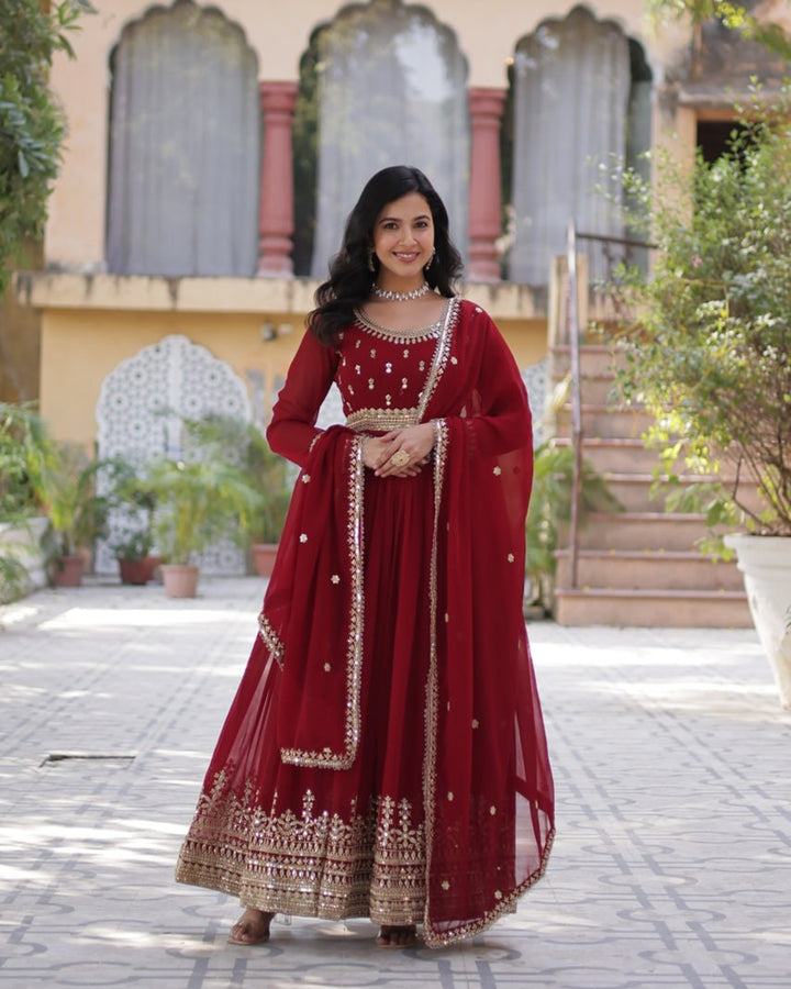 Maroon Elegant Faux Blooming Embroidered Gown with Dupatta