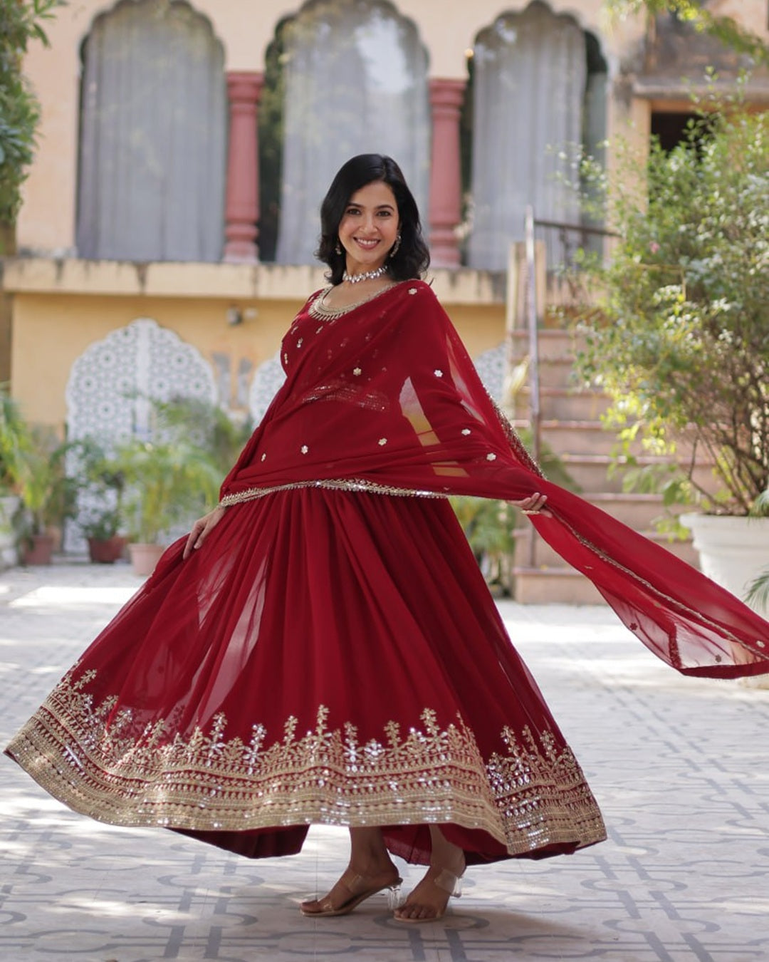 Maroon Elegant Faux Blooming Embroidered Gown with Dupatta