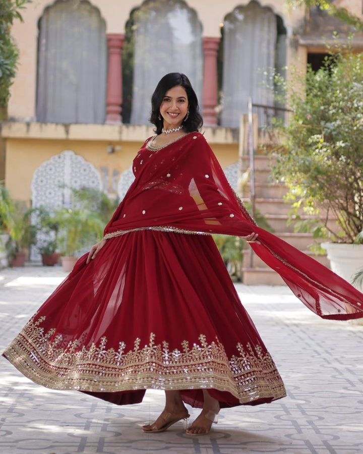 Maroon Elegant Faux Blooming Embroidered Gown with Dupatta