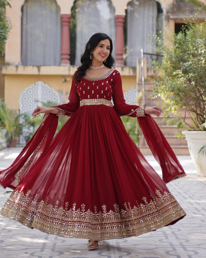 Maroon Elegant Faux Blooming Embroidered Gown with Dupatta