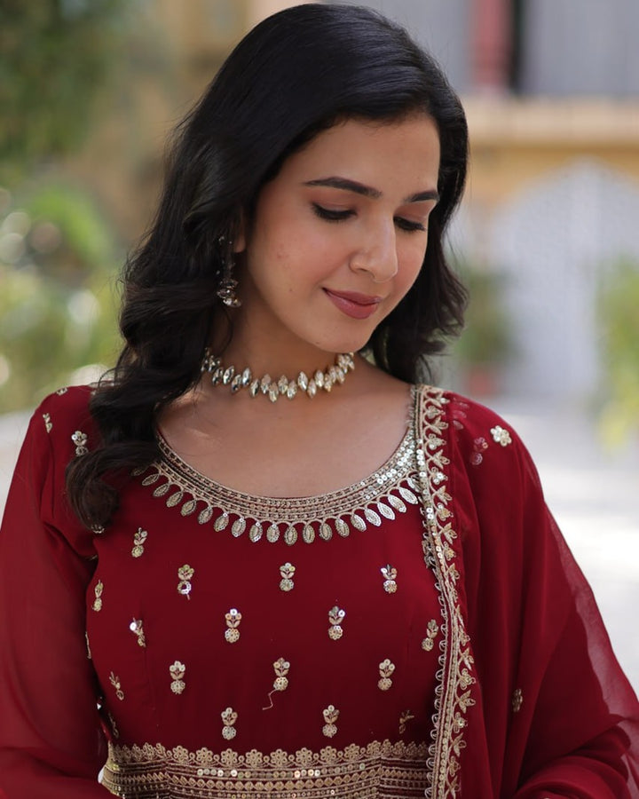 Maroon Elegant Faux Blooming Embroidered Gown with Dupatta