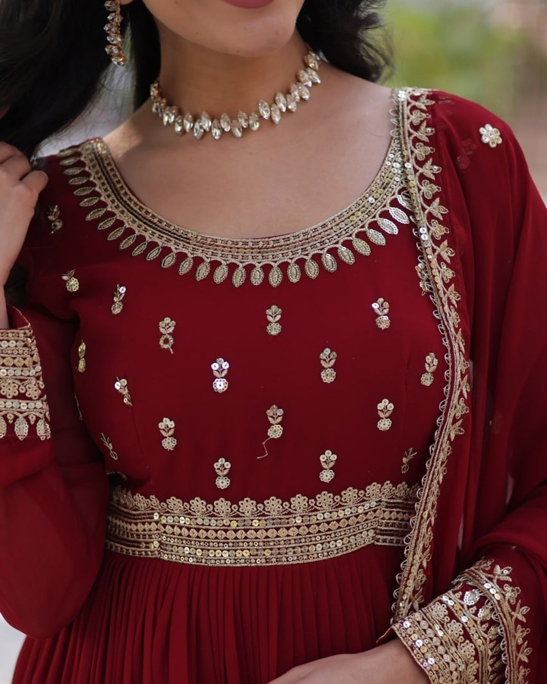 Maroon Elegant Faux Blooming Embroidered Gown with Dupatta