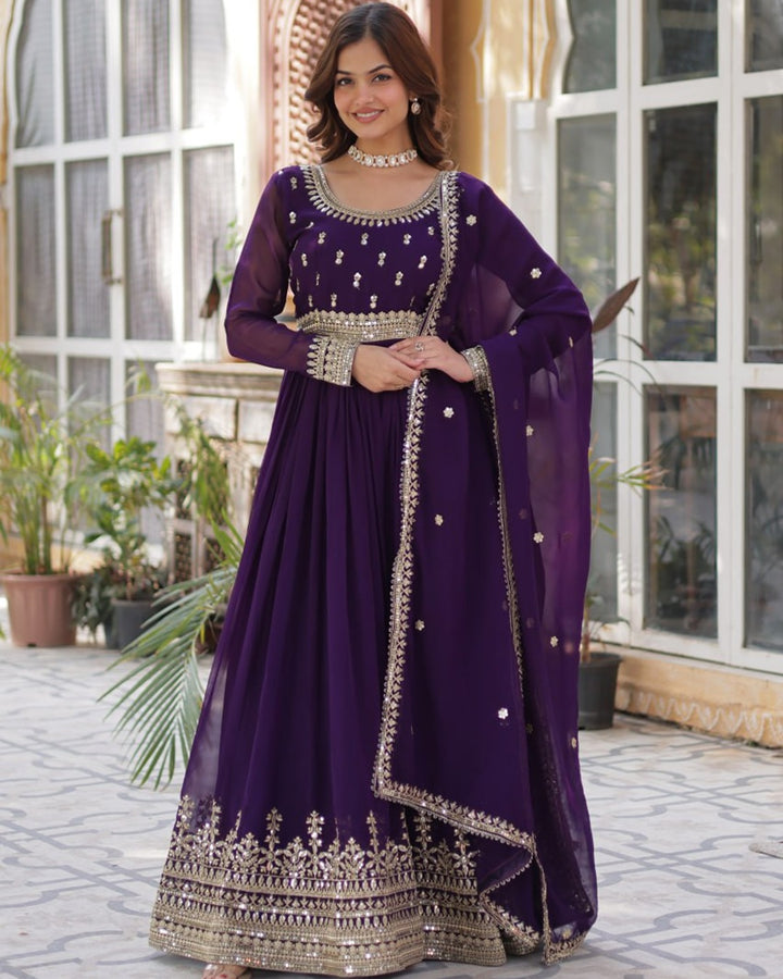 Purple Elegant Faux Blooming Embroidered Gown with Dupatta