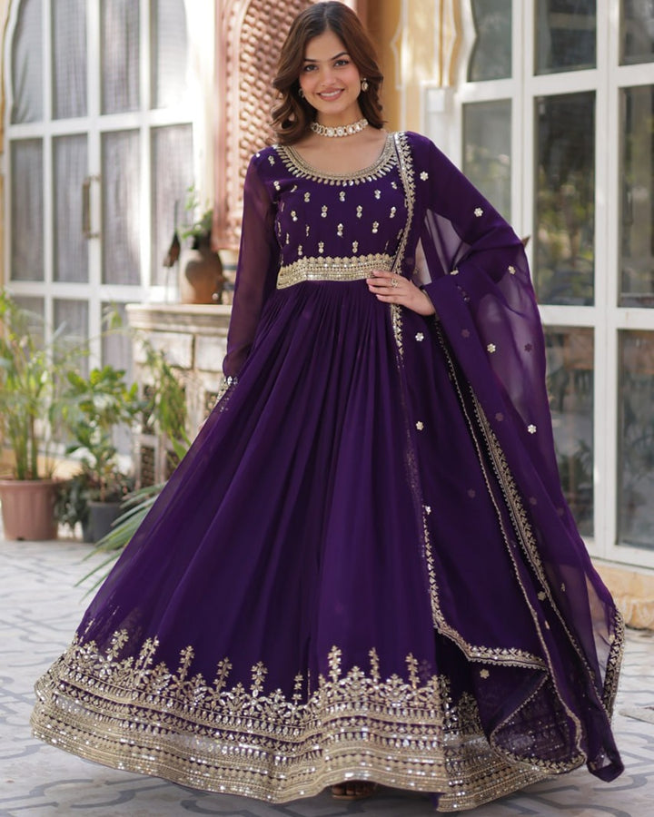 Purple Elegant Faux Blooming Embroidered Gown with Dupatta