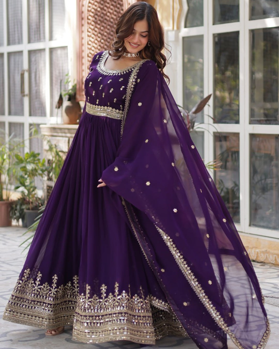 Purple Elegant Faux Blooming Embroidered Gown with Dupatta
