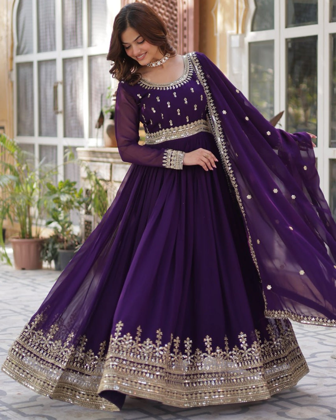 Purple Elegant Faux Blooming Embroidered Gown with Dupatta