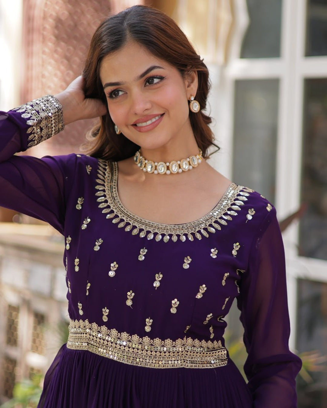 Purple Elegant Faux Blooming Embroidered Gown with Dupatta