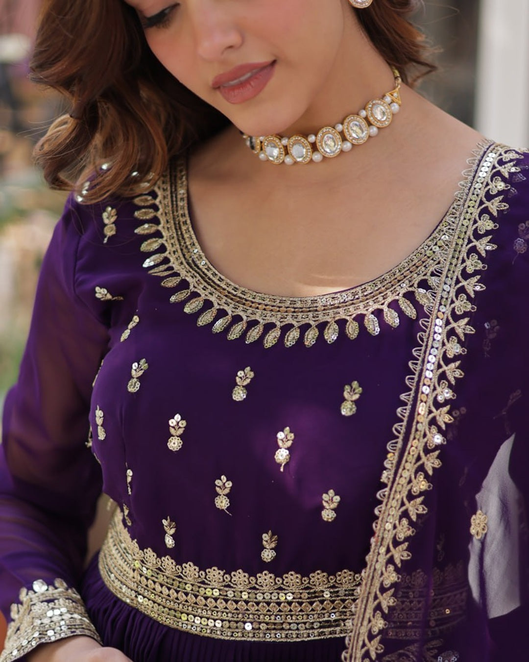 Purple Elegant Faux Blooming Embroidered Gown with Dupatta