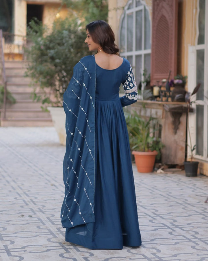 Purple Color Faux Blooming Embroidered Sequence Gown