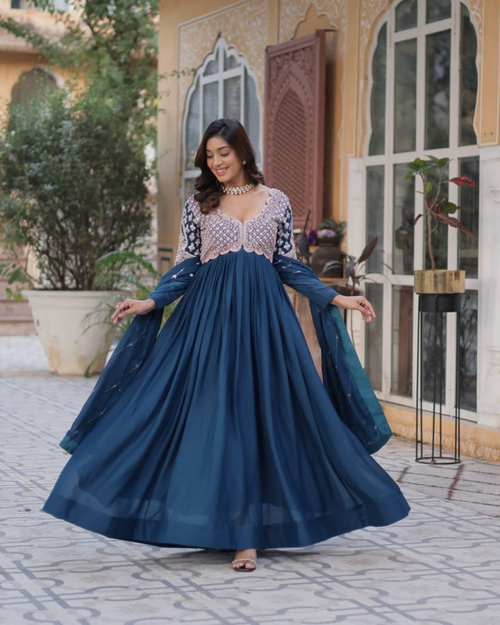 Purple Color Faux Blooming Embroidered Sequence Gown