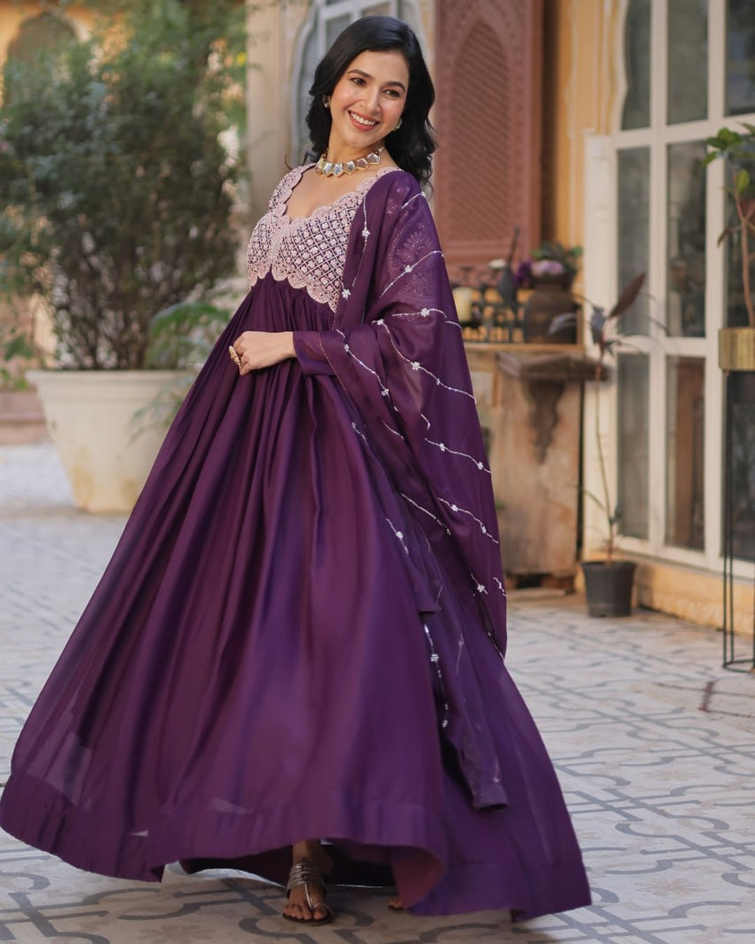 Dark Purple Elegant Embroidered Georgette Gown with Dupatta – Luxe Designer Collection