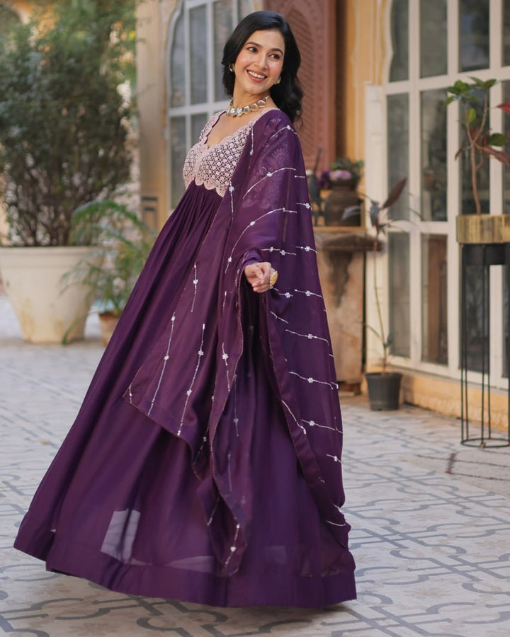 Dark Purple Elegant Embroidered Georgette Gown with Dupatta – Luxe Designer Collection
