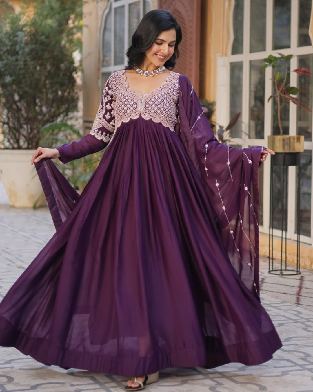 Dark Purple Elegant Embroidered Georgette Gown with Dupatta – Luxe Designer Collection