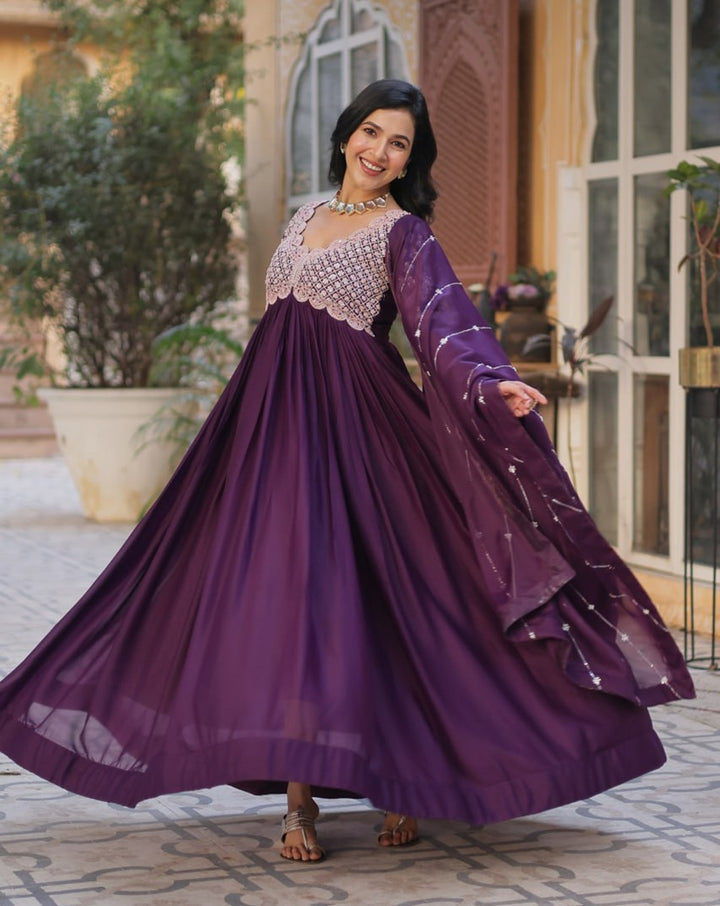 Dark Purple Elegant Embroidered Georgette Gown with Dupatta – Luxe Designer Collection