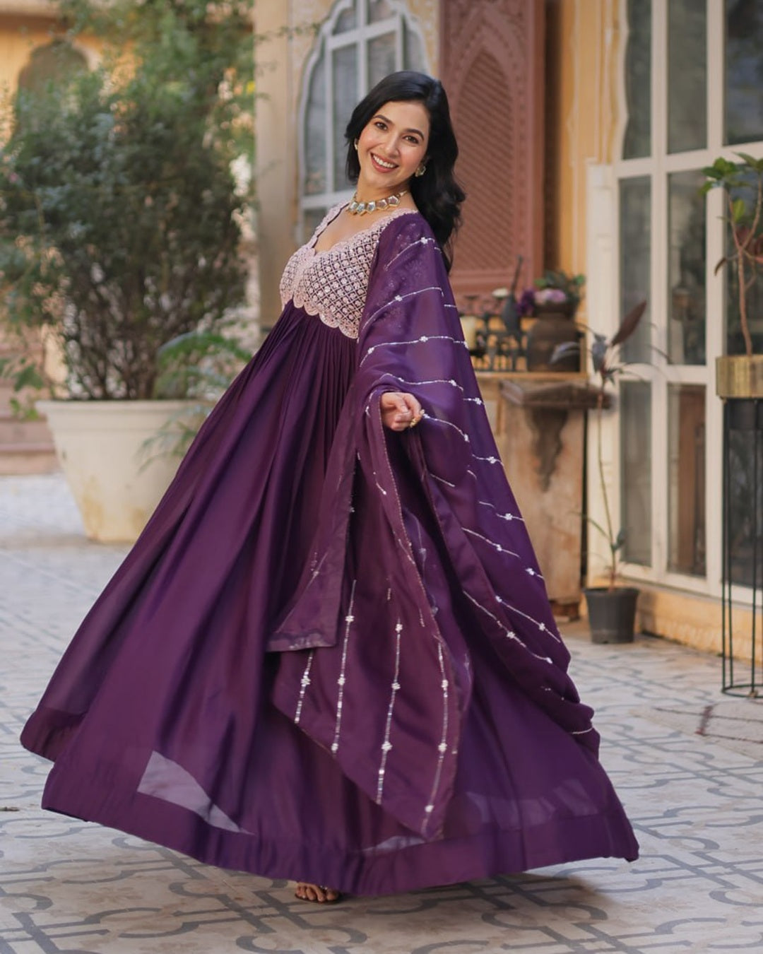 Dark Purple Elegant Embroidered Georgette Gown with Dupatta – Luxe Designer Collection