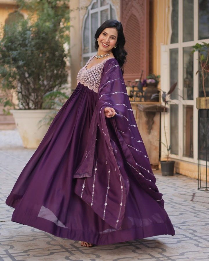 Dark Purple Elegant Embroidered Georgette Gown with Dupatta – Luxe Designer Collection