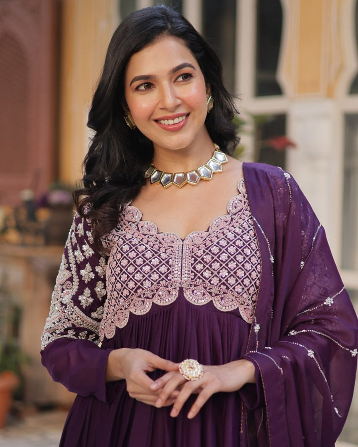 Dark Purple Elegant Embroidered Georgette Gown with Dupatta – Luxe Designer Collection