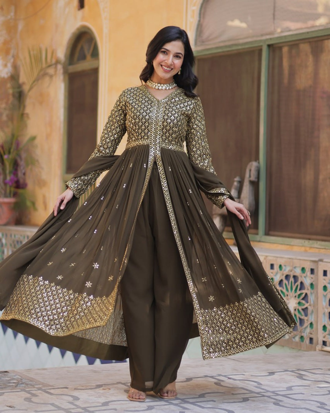 Mehndi Elegant Embroidered Faux Georgette Kurti Set with Pant & Dupatta – Luxe Ethnic Wear