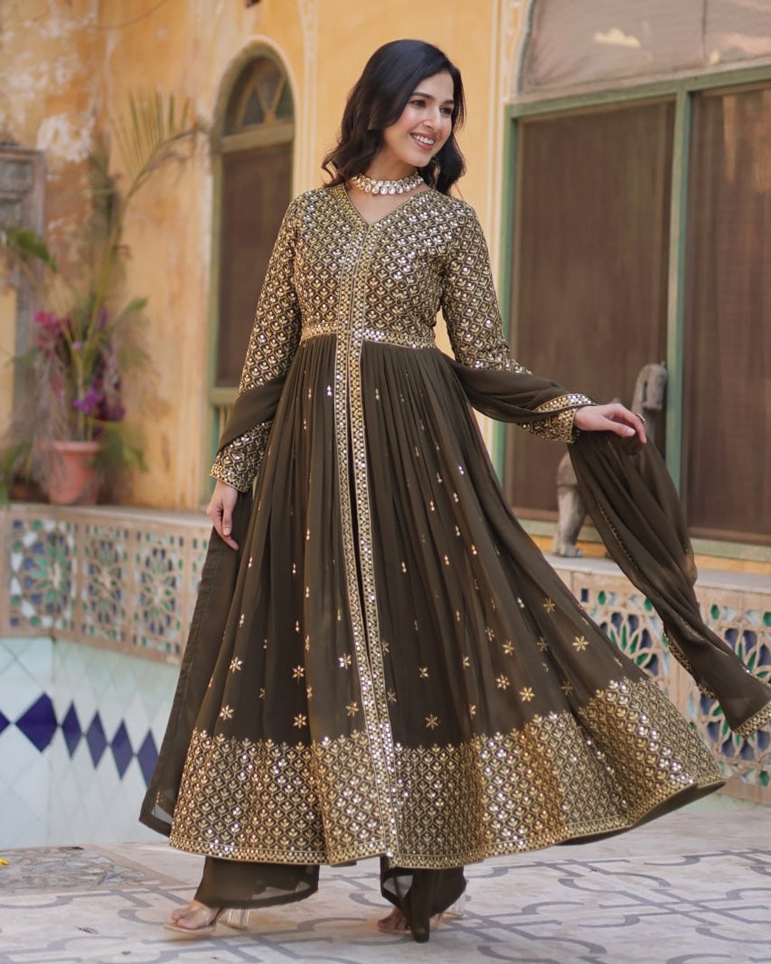Mehndi Elegant Embroidered Faux Georgette Kurti Set with Pant & Dupatta – Luxe Ethnic Wear