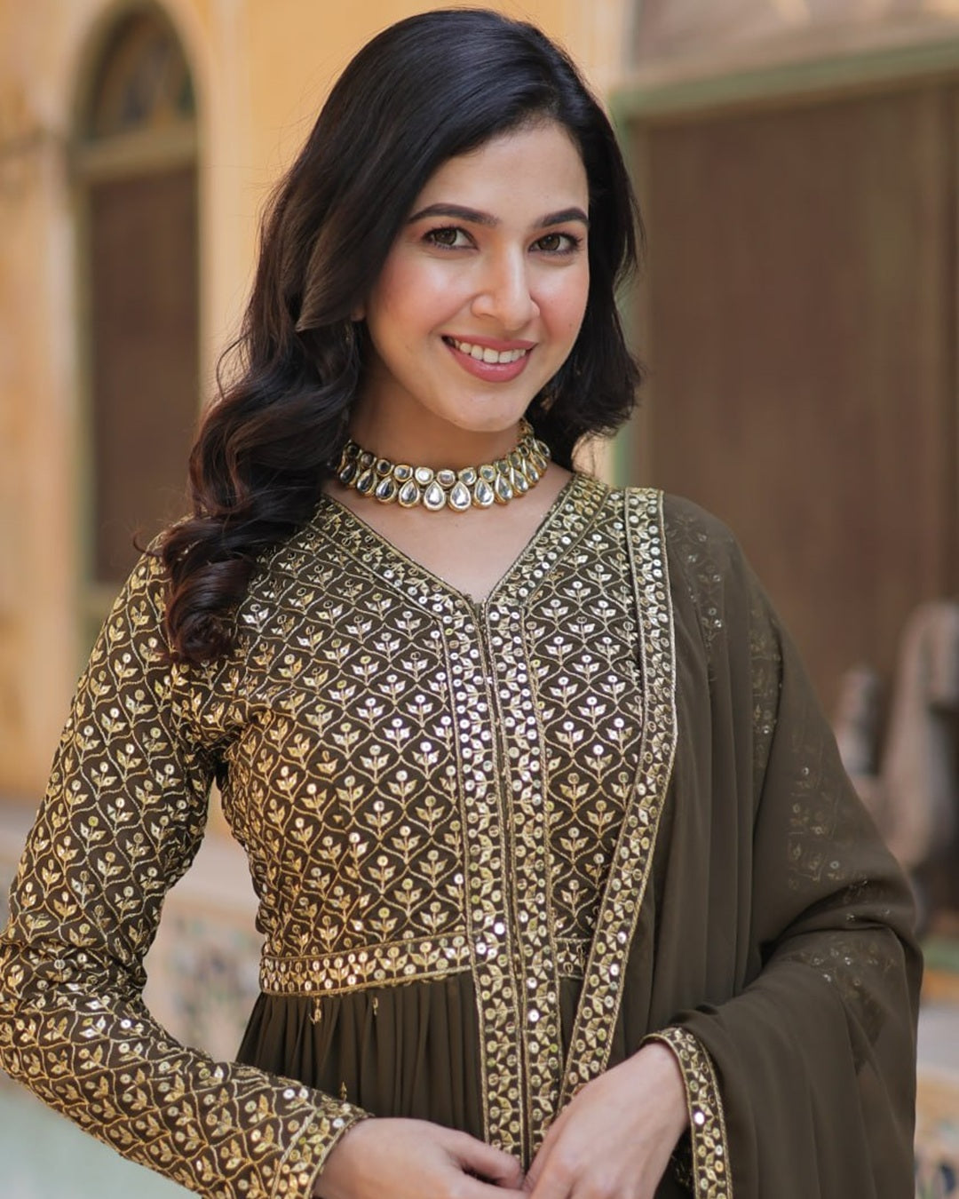 Mehndi Elegant Embroidered Faux Georgette Kurti Set with Pant & Dupatta – Luxe Ethnic Wear