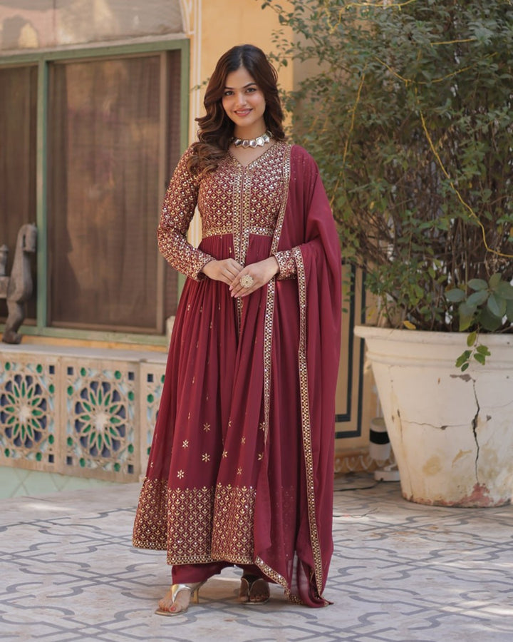 Light Brown Elegant Embroidered Faux Georgette Kurti Set with Pant & Dupatta – Luxe Ethnic Wear