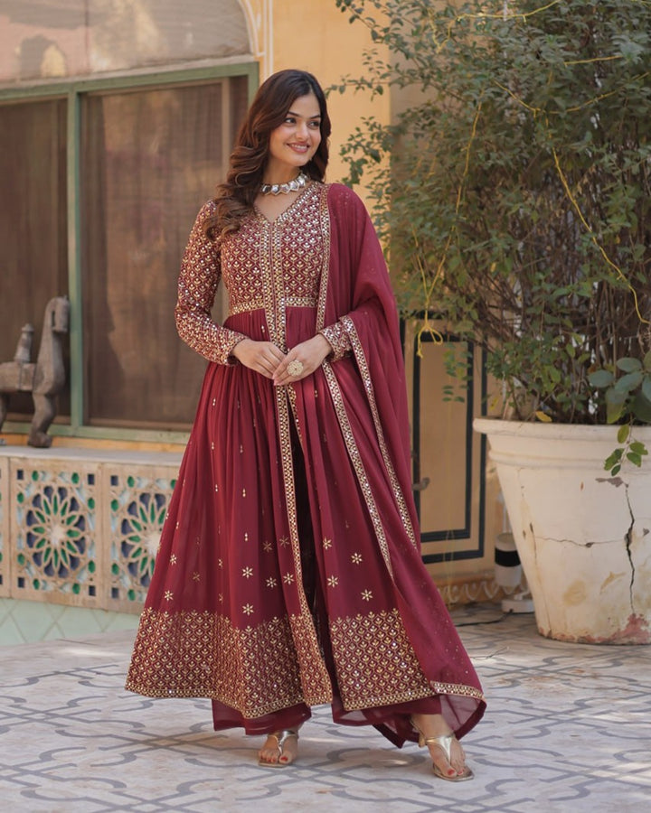 Light Brown Elegant Embroidered Faux Georgette Kurti Set with Pant & Dupatta – Luxe Ethnic Wear