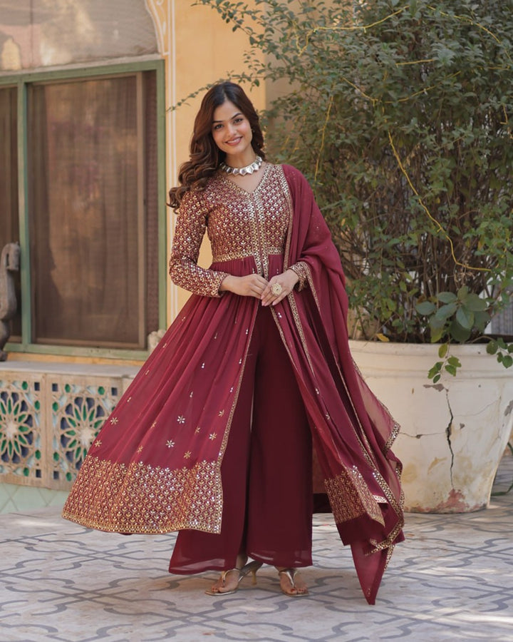 Light Brown Elegant Embroidered Faux Georgette Kurti Set with Pant & Dupatta – Luxe Ethnic Wear