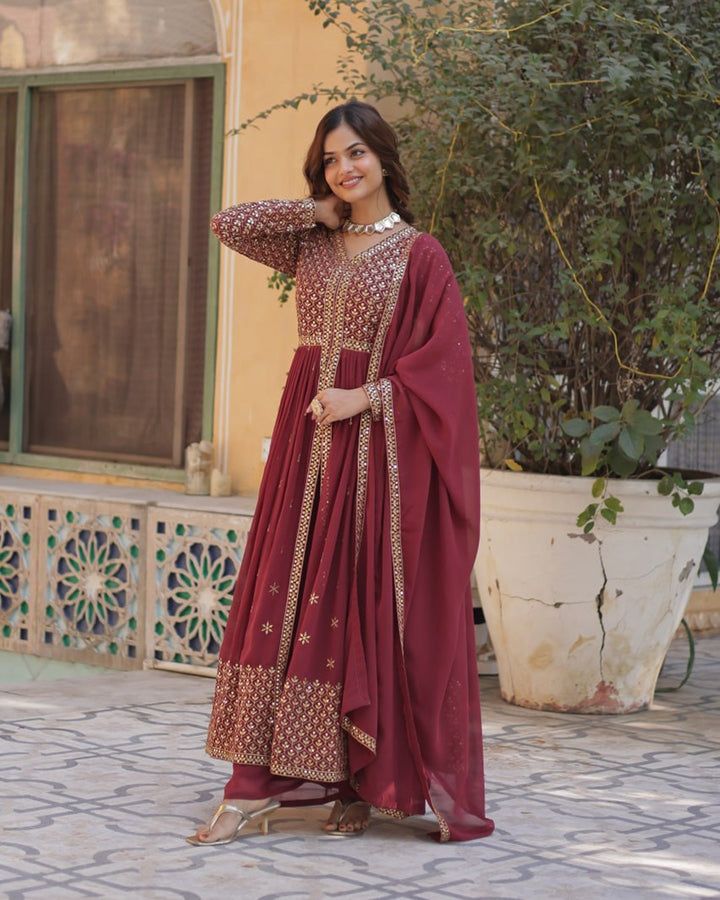 Light Brown Elegant Embroidered Faux Georgette Kurti Set with Pant & Dupatta – Luxe Ethnic Wear