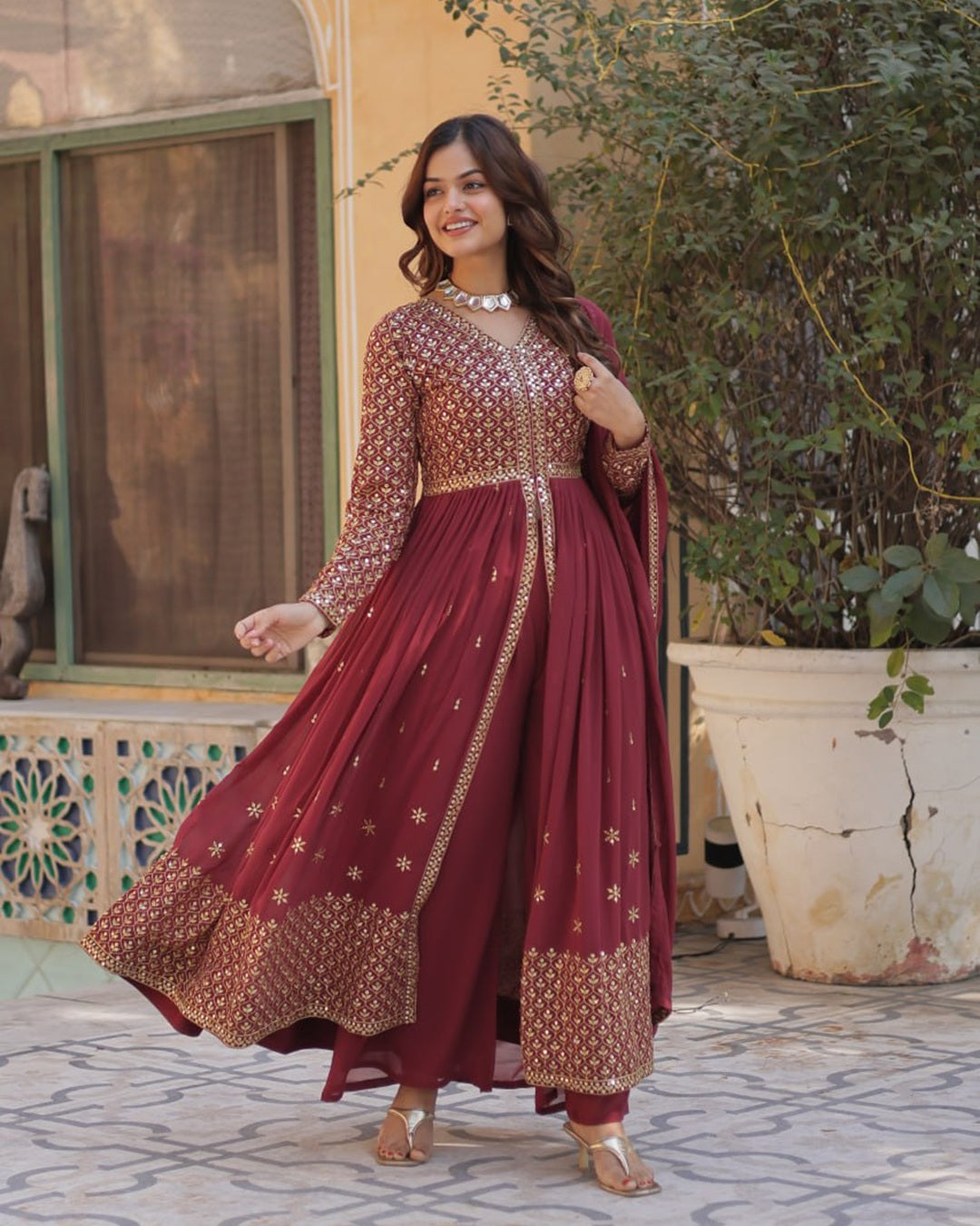 Light Brown Elegant Embroidered Faux Georgette Kurti Set with Pant & Dupatta – Luxe Ethnic Wear
