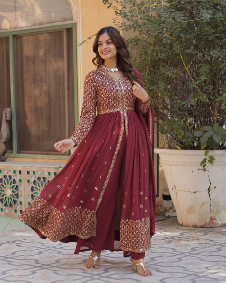Light Brown Elegant Embroidered Faux Georgette Kurti Set with Pant & Dupatta – Luxe Ethnic Wear