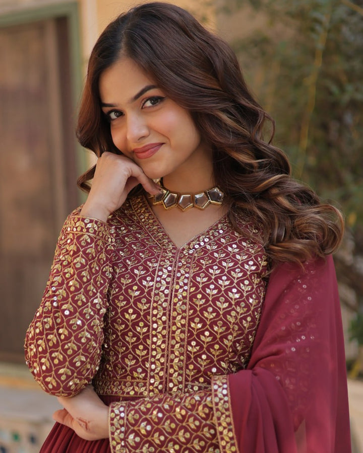Light Brown Elegant Embroidered Faux Georgette Kurti Set with Pant & Dupatta – Luxe Ethnic Wear