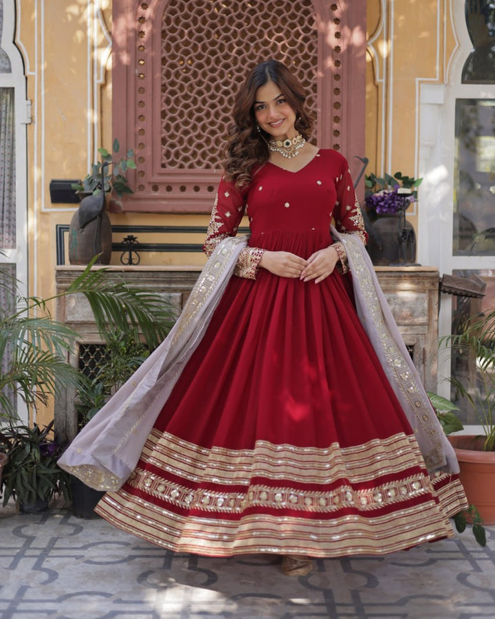 Rusty Red Color Faux Blooming Zari Embroidered Work Gown