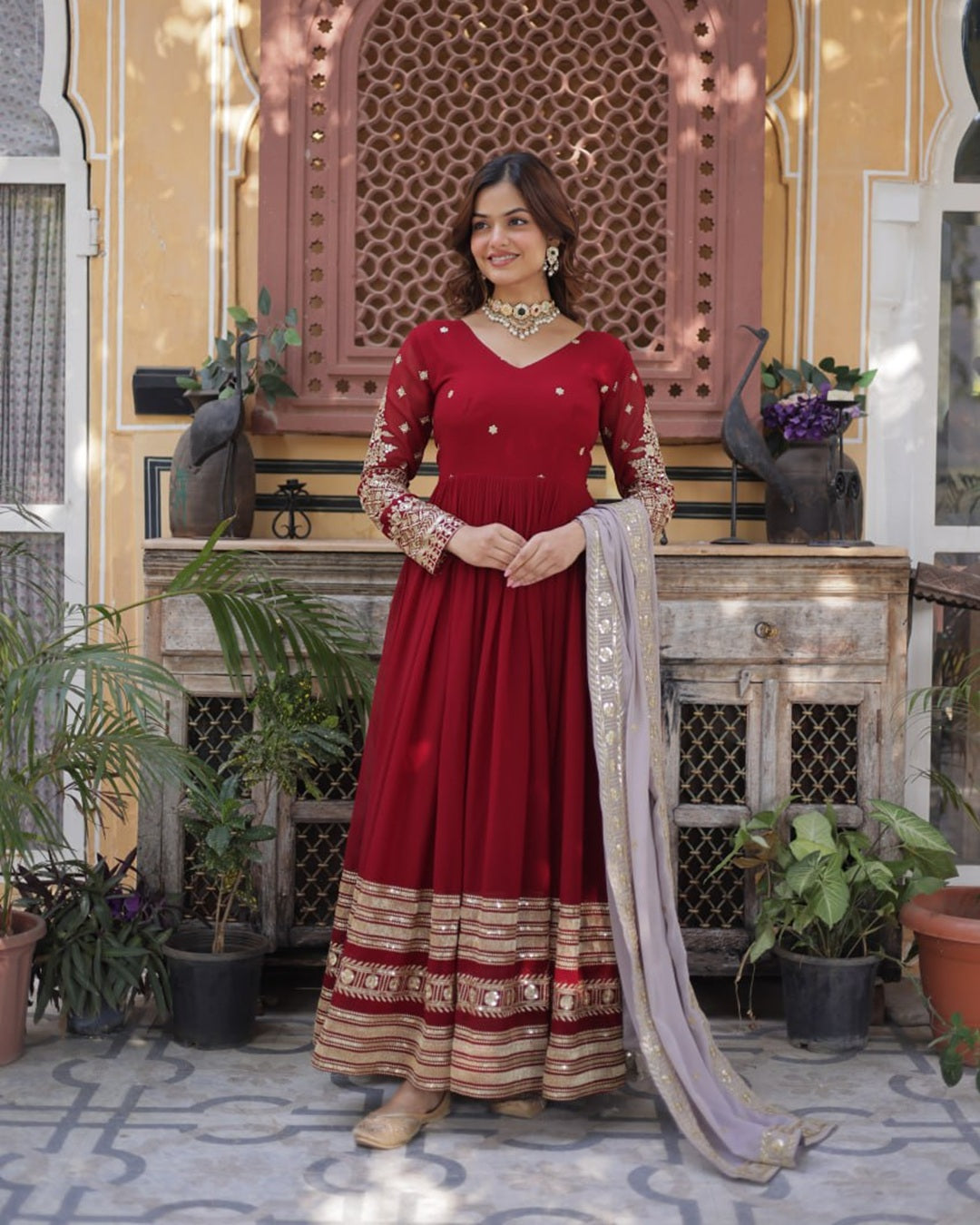 Rusty Red Color Faux Blooming Zari Embroidered Work Gown