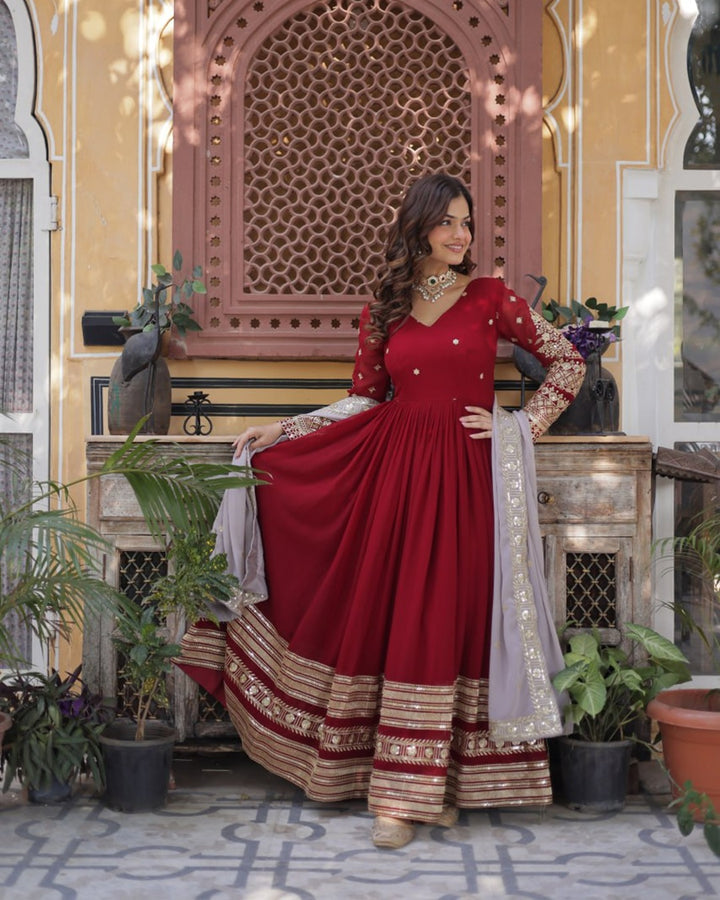 Rusty Red Color Faux Blooming Zari Embroidered Work Gown