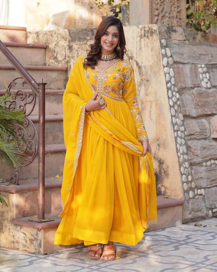 Mustard Color Faux Blooming Zari Embroidered Work Gown