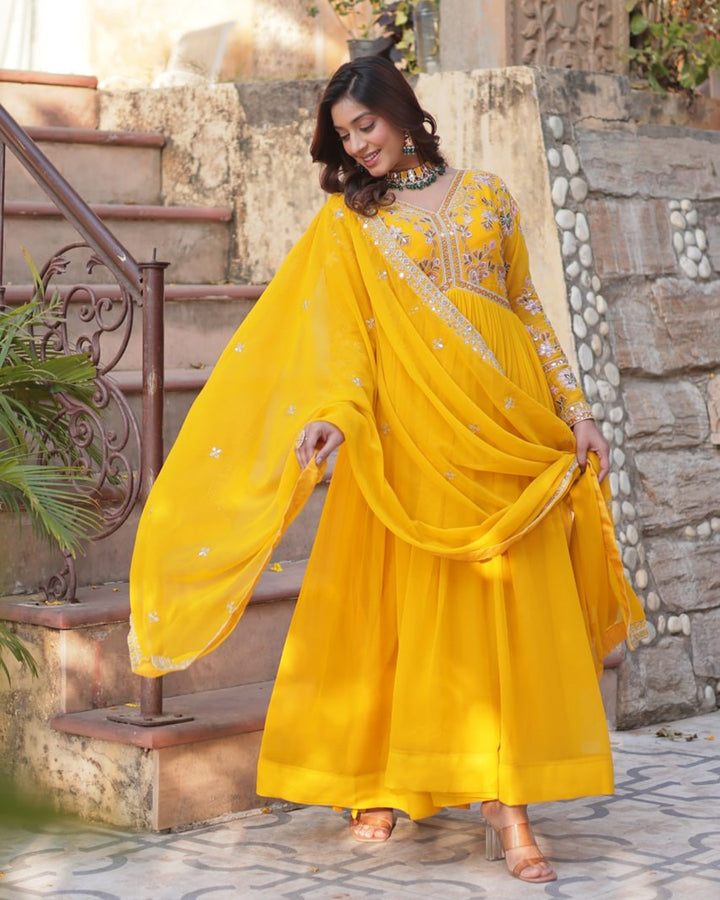 Mustard Color Faux Blooming Zari Embroidered Work Gown