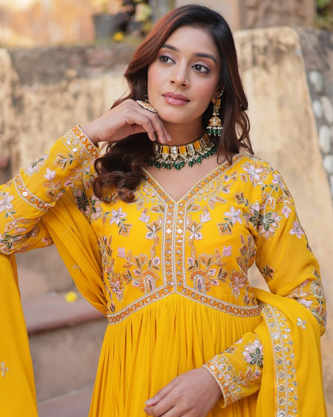 Mustard Color Faux Blooming Zari Embroidered Work Gown