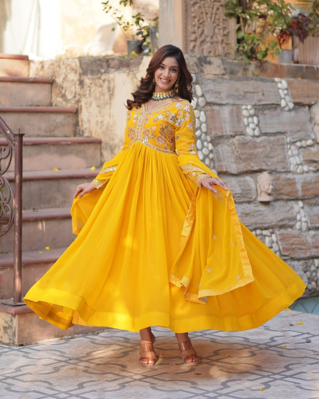 Mustard Color Faux Blooming Zari Embroidered Work Gown