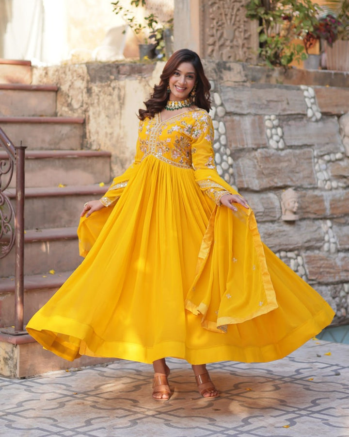 Mustard Color Faux Blooming Zari Embroidered Work Gown